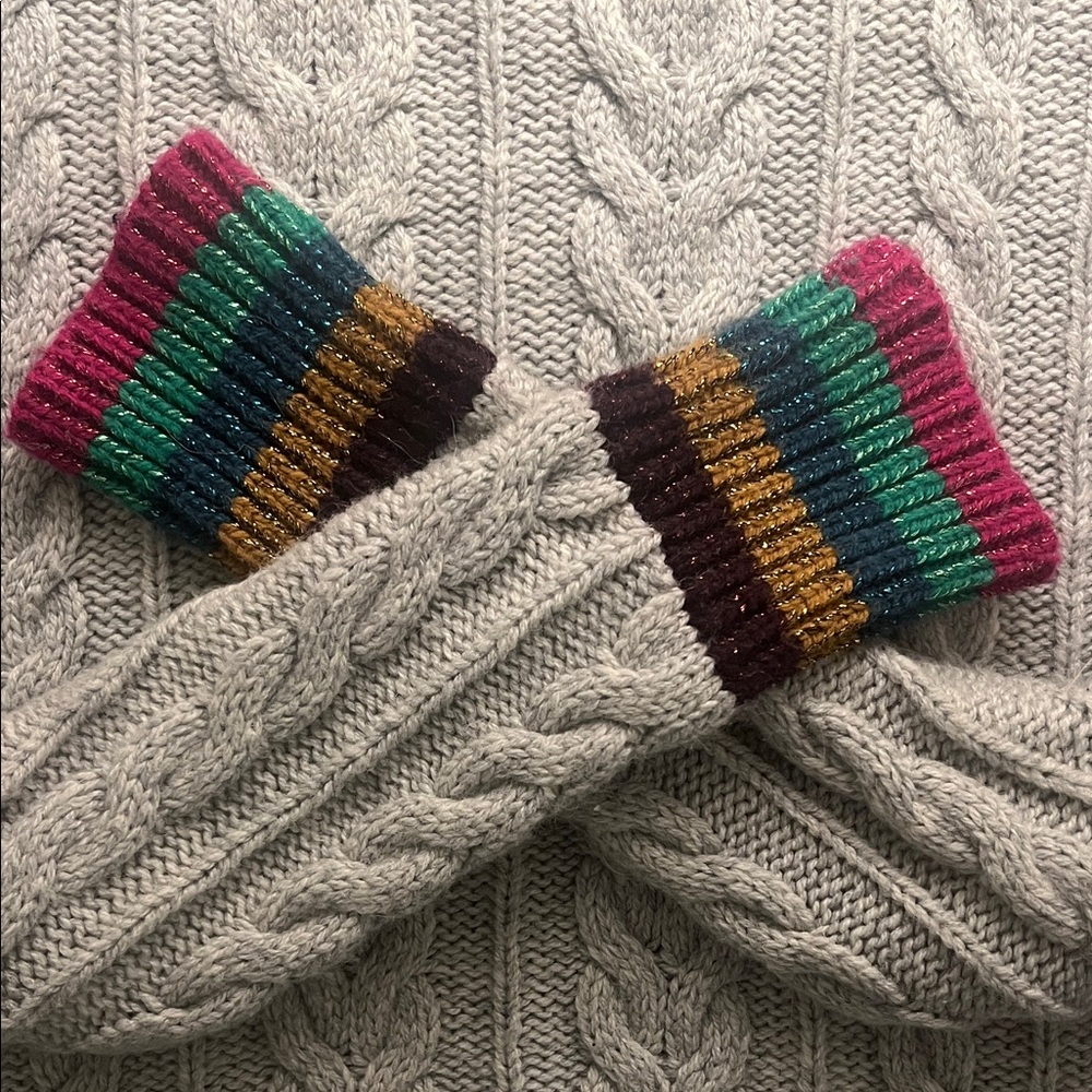 Boden Gray Cable Knit Turtleneck Sweater with Multicolor Cuffs - Picture 3 of 7